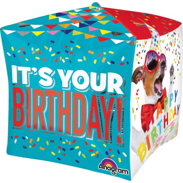 Folienballon Happy Birthday Dog Cube
